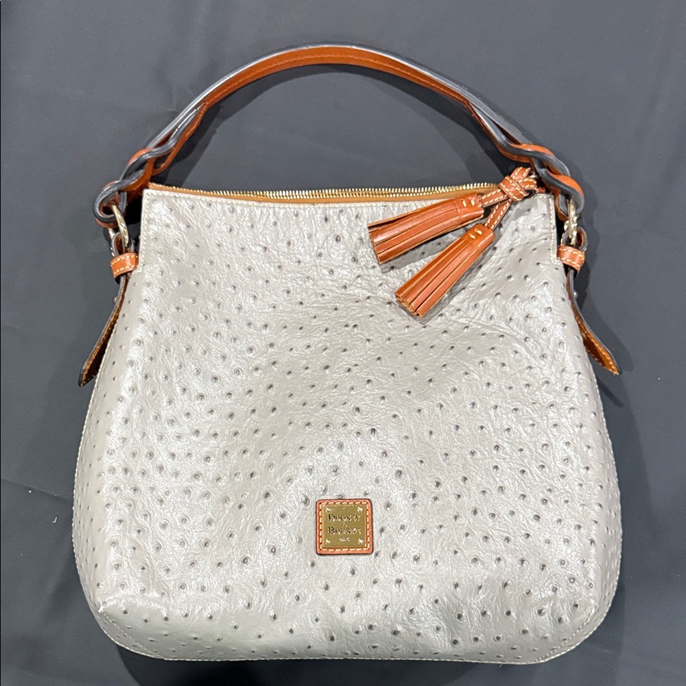 Dooney & Bourke Gray Ostrich-Embossed Twist Strap Hobo Shoulder Bag